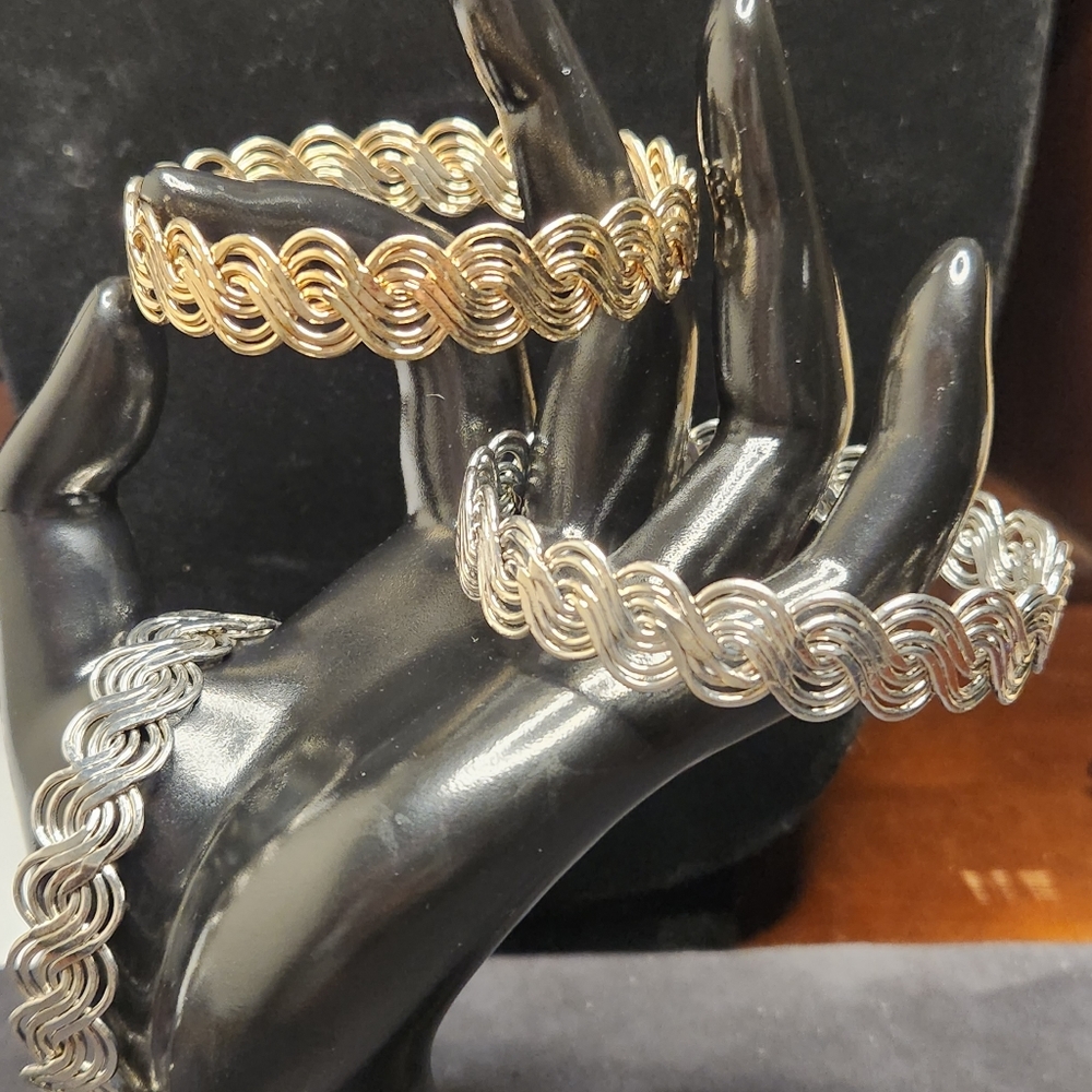 Silver Gold Tone Metal Rope Wire Swirl Wave Knot Woven Bracelet Lot of 3 Bangle - Picture 2 of 5